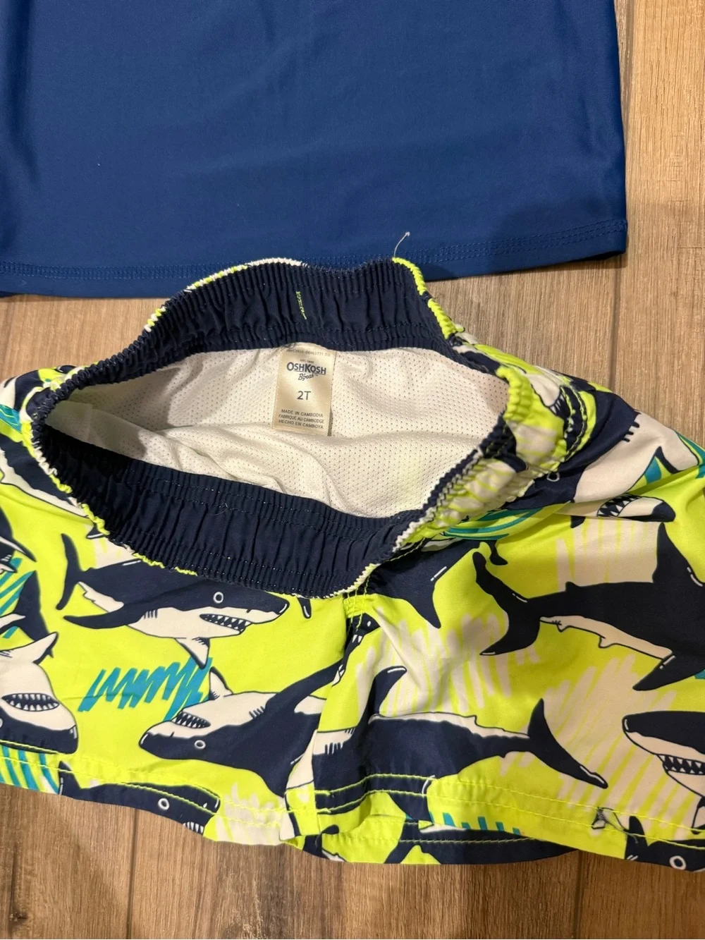 OshKosh B'gosh Navy Blue Shark Rash Guard Set with Lime Shark Swim Trunks